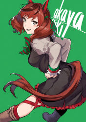 Rule 34 | 1girl, absurdres, akaya shiki, animal ears, artist name, black dress, bow, breasts, brown eyes, brown footwear, buttons, clothing cutout, commentary, double-breasted, dress, ear bow, ear covers, from behind, green background, green bow, hands on own hips, highres, horse ears, horse girl, horse tail, juliet sleeves, long sleeves, medium breasts, medium hair, multicolored hair, nice nature (umamusume), open mouth, pinafore dress, puffy sleeves, red bow, red hair, simple background, sleeveless, sleeveless dress, smile, solo, streaked hair, striped, striped bow, tail, tail through clothes, thigh strap, twintails, umamusume