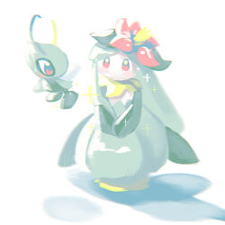 Rule 34 | 1girl, 1other, antennae, blush, blush stickers, celebi, chromatic aberration, colored skin, creatures (company), eye contact, flat chest, floating, flower, game freak, gen 2 pokemon, gen 5 pokemon, green hair, green skin, hair flower, hair ornament, highres, legendary pokemon, lilligant, long hair, looking at another, looking to the side, mame (pixiv 57985908), monster girl, multicolored skin, mythical pokemon, nintendo, own hands together, plant girl, pokemon, pokemon (creature), red eyes, red flower, sidelocks, simple background, sparkle, two-tone skin, white background, white skin