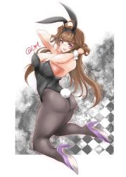 Rule 34 | 1girl, absurdres, ahoge, alternate costume, animal ears, artist name, ass, black leotard, black pantyhose, breasts, brown hair, bunny day, cleavage, commentary request, double bun, from behind, hair bun, highres, kantai collection, kongou (kancolle), large breasts, leotard, long hair, looking at viewer, pantyhose, playboy bunny, purple eyes, rabbit ears, rabbit tail, shamo (ptwmjgda), solo, tail, wrist cuffs