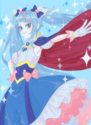 Rule 34 | 1girl, absurdres, blue background, blue eyes, blue hair, bow, cape, cure sky, detached sleeves, dress, earclip, frills, gloves, gradient hair, hair bow, hand on own hip, heart, highres, hirogaru sky! precure, long hair, looking at viewer, multicolored hair, outstretched arm, precure, puffy detached sleeves, puffy short sleeves, puffy sleeves, short sleeves, smile, solo, sora harewataru, sparkle, streaked hair, ushiyama ame, very long hair