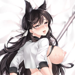 Rule 34 | 1girl, animal ears, atago (azur lane), atago (stunning speedster) (azur lane), azur lane, bed sheet, black hair, breasts, commentary, cropped, cum, cum on body, cum on breasts, cum on upper body, dakimakura (medium), drooling, flag, from above, hair ribbon, heart, heart-shaped pupils, large breasts, long hair, looking at viewer, lying, mole, mole under eye, nipples, official alternate costume, on side, open mouth, qi yuan zhi yu, ribbon, saliva, sample watermark, shirt, shrug (clothing), smile, solo, symbol-shaped pupils, tongue, tongue out, upper body, watermark, white ribbon, white shirt, yellow eyes