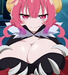 Rule 34 | 1girl, grabbing another&#039;s breast, breasts, claws, cleavage, collarbone, dragon girl, dragon horns, fang, grabbing, grabbing own breast, hair between eyes, hand on own chest, highres, horns, huge breasts, ilulu (maidragon), kobayashi-san chi no maidragon, large hands, long hair, looking at viewer, naughty face, pink eyes, pink hair, screencap, sharp teeth, shiny skin, shortstack, smile, solo, stitched, teeth, third-party edit, twintails