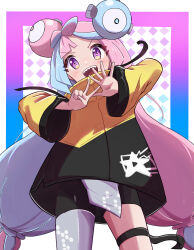 Rule 34 | 1girl, absurdres, black jacket, blue hair, bow-shaped hair, character hair ornament, creatures (company), game freak, gen 1 pokemon, grey pantyhose, hair ornament, hexagon print, highres, iono (pokemon), jacket, long hair, low-tied long hair, magnemite, multicolored clothes, multicolored hair, multicolored jacket, nintendo, open mouth, oversized clothes, pantyhose, pink hair, pokemon, pokemon sv, purple eyes, rono (lethys), sharp teeth, single leg pantyhose, solo, split-color hair, teeth, two-tone hair, very long sleeves, yellow jacket