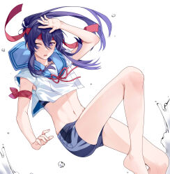 Rule 34 | 1boy, abs, alternate costume, armband, armpit crease, armpit peek, bare legs, black shorts, blue sailor collar, bow, bowtie, collarbone, cropped shirt, ensemble stars!, feet out of frame, floating clothes, floating hair, groin, hachimaki, hair between eyes, hand up, headband, highres, kanzaki souma, knee up, legs, male focus, motoyui, nancy980216, navel, one eye closed, open mouth, ponytail, purple eyes, purple hair, raised eyebrow, red armband, red bow, red bowtie, sailor collar, shirt, short shorts, short sleeves, shorts, sidelocks, simple background, solo, stomach, thighs, tied armband, tight top, water, water drop, white background, white shirt