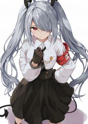 Rule 34 | 1girl, :/, black gloves, black ribbon, black skirt, blue archive, breasts, closed mouth, feet out of frame, from above, gloves, grey hair, hair over one eye, hair ribbon, hand on own hip, highres, iori (blue archive), long hair, looking at viewer, medium breasts, puffy sleeves, racchi., red eyes, ribbon, shirt, simple background, skirt, solo, standing, twintails, very long hair, white background, white shirt