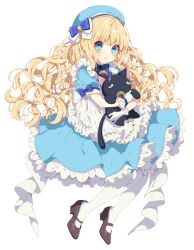 Rule 34 | 1girl, apron, bell, blonde hair, blue bow, blue dress, blue eyes, blue hat, blush, bow, bowtie, brown footwear, commission, dress, frilled apron, frills, full body, gloves, hair bow, hat, holding, holding stuffed toy, long hair, looking at viewer, mamyouda, mary janes, original, puffy short sleeves, puffy sleeves, shoes, short sleeves, simple background, skeb commission, solo, stuffed animal, stuffed cat, stuffed toy, thighhighs, wavy hair, white apron, white background, white gloves, white thighhighs