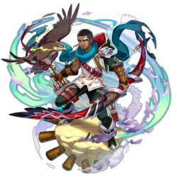 Rule 34 | 1boy, arrow (projectile), bird, boots, bow, dragalia lost, eagle, facepaint, feathers, full body, grabbing, hawk (dragalia lost), holding, hood, looking to the side, male focus, non-web source, official art, saitou naoki, short hair, transparent background, very short hair