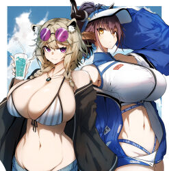 Rule 34 | 2girls, :3, animal ear fluff, animal ears, aqua nails, arknights, bare shoulders, bikini, bikini top only, blue jacket, blue sky, border, braid, breasts, brown hair, cleavage, closed mouth, cow ears, cow horns, cup, denim, denim shorts, drink, drinking glass, drinking straw, expressionless, eyewear on head, fingernails, gin moku, groin, hair ornament, hairclip, highres, holding, holding cup, horns, huge breasts, ice, ice cube, jacket, jewelry, light brown hair, looking at viewer, medium hair, multiple girls, navel, off shoulder, official alternate costume, open clothes, open jacket, outside border, parted lips, pendant, ponytail, purple eyes, sharp fingernails, short hair, shorts, sideroca (arknights), sideroca (light breeze) (arknights), sideways glance, sky, smile, stomach, striped bikini, striped clothes, sunglasses, sweatdrop, swimsuit, turtleneck, twin braids, upper body, utage (arknights), utage (summer flowers) (arknights), vertical-striped bikini, vertical-striped clothes, visor cap, white bikini, white border, yellow eyes