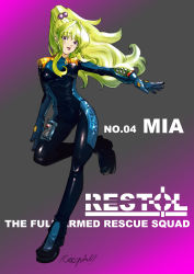 Rule 34 | 1girl, absurdres, bodysuit, character name, commentary, copyright name, english commentary, floating hair, green hair, highres, long hair, looking at viewer, mar10, mia lilienthal, open mouth, pilot suit, ponytail, purple eyes, restol special rescue squad, solo