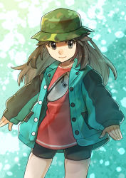 Rule 34 | 1girl, bike shorts, brown hair, buttons, camouflage, camouflage headwear, closed mouth, commentary request, cowboy shot, creatures (company), eyelashes, game freak, green jacket, grey eyes, hat, highres, jacket, leaf (pokemon), leaf (sygna suit) (pokemon), long hair, long sleeves, meru (merumumu), nintendo, official alternate costume, pokemon, pokemon masters ex, red shirt, shirt, smile, solo