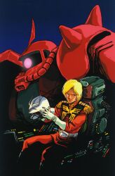 Rule 34 | 1980s (style), 1boy, belt, blonde hair, blue eyes, boots, cable, char aznable, cockpit, gloves, glowing, glowing eye, gradient background, gundam, helmet, highres, holding, holding helmet, looking at viewer, machinery, mecha, mikimoto haruhiko, military uniform, mobile suit, mobile suit gundam, oldschool, one-eyed, pilot, pilot chair, promotional art, purple eyes, radio antenna, retro artstyle, robot, scan, science fiction, serious, shoulder spikes, sitting, spikes, traditional media, uniform, upper body, zaku ii s char custom, zeon