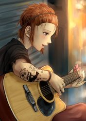 Rule 34 | 1girl, :d, absurdres, acoustic guitar, arm tattoo, black shirt, blush, bracelet, brown hair, brown pants, commentary request, from side, guitar, hairband, headless guitar, highres, holding, holding instrument, instrument, jewelry, kilye kairi, music, open mouth, original, pants, playing instrument, profile, red eyes, shirt, short hair, sitting, smile, solo, tattoo
