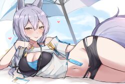 Rule 34 | 1girl, :p, absurdres, animal ears, arknights, beach umbrella, black shorts, blue sky, breasts, cleavage, clothes writing, cloud, commission, crop top, day, heart, highres, large tail, long hair, looking at viewer, lying, mango (mgo), midriff, navel, official alternate costume, on side, outdoors, pixiv commission, provence (arknights), provence (casual vacation) (arknights), purple hair, shirt, short shorts, shorts, single bare shoulder, sky, smile, solo, stomach, tail, thighs, tongue, tongue out, umbrella, white shirt, wolf ears, wolf tail, yellow eyes