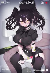 Rule 34 | 1boy, 1girl, absurdres, arm strap, bandaid, bandaid on arm, bandaid on leg, black bow, black bowtie, black choker, black dress, black hair, black nails, black thighhighs, blush, bow, bowtie, bra visible through clothes, breasts, censored, choker, cleavage, clothed sex, dress, eonsang, girls&#039; frontline, hair between eyes, heart, heart censor, hetero, highres, large breasts, long hair, looking at viewer, mask pull, open mouth, puffy short sleeves, puffy sleeves, reclining, scarecrow (girls&#039; frontline), sex, short sleeves, sitting, solo focus, teeth, thighhighs, toilet, torso grab, twintails, upper teeth only, viewfinder, yellow eyes