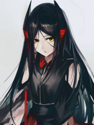 Rule 34 | 1girl, absurdres, arknights, bare shoulders, black hair, commentary request, grey background, highres, huge filesize, ines (arknights), long hair, looking at viewer, mackia, parted bangs, simple background, solo, upper body, very long hair, yellow eyes
