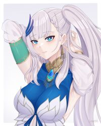 Rule 34 | 1girl, arm up, armpits, blue eyes, blush, breasts, cleavage, dress, feather hair ornament, feathers, grey hair, hair ornament, highres, hololive, hololive indonesia, kuroyamii, large breasts, long hair, looking at viewer, pavolia reine, pavolia reine (1st costume), side ponytail, sleeveless, sleeveless dress, solo, virtual youtuber, white dress