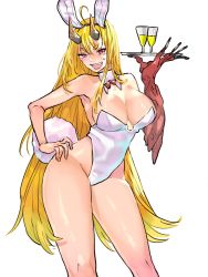 Rule 34 | 1girl, animal ears, blonde hair, bow, breasts, bunny day, claws, collar, colored skin, commentary request, cowboy shot, detached collar, fake animal ears, fake tail, fingernails, hand on own hip, highres, horns, ibaraki (housamo), large breasts, leotard, long fingernails, oni horns, playboy bunny, rabbit ears, rabbit tail, red eyes, red skin, shiratori yokikana, solo, sweatdrop, tail, thick eyebrows, thighs, tokyo houkago summoners, very long fingernails, white background, white leotard