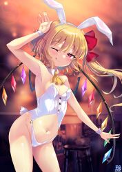 Rule 34 | 1girl, ;q, absurdres, animal ears, arm up, armpits, belly, blonde hair, breasts, clothing cutout, cowboy shot, detached collar, fake animal ears, flandre scarlet, highleg, highleg leotard, highres, konnoinari, leotard, medium breasts, medium hair, navel, one eye closed, one side up, playboy bunny, rabbit ears, rabbit tail, red eyes, signature, solo, stomach cutout, tail, tongue, tongue out, touhou, white leotard, wings, wrist cuffs
