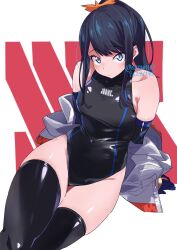 Rule 34 | 1girl, black hair, blue eyes, blush, breasts, gloves, gridman universe, gridman universe (film), highres, jacket, long hair, looking at viewer, one-piece swimsuit, ponytail, showhey!!, solo, swimsuit, takarada rikka, thighhighs, thighs