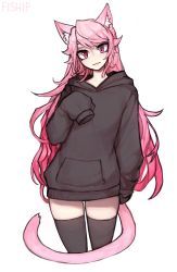 Rule 34 | 1girl, absurdres, animal ear fluff, animal ears, artist name, black thighhighs, cat ears, cat girl, cat tail, commentary, cropped legs, hand up, head tilt, highres, hood, hood down, hoodie, light smile, long hair, looking at viewer, matilda fiship, original, pink eyes, pink hair, simple background, sleeves past fingers, sleeves past wrists, solo, tail, thighhighs, very long hair, watermark, white background