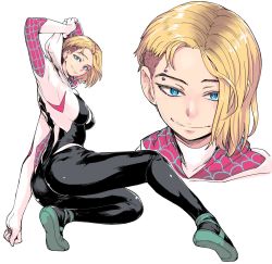 Rule 34 | 1girl, animification, blonde hair, blue eyes, bodysuit, commentary request, gwen stacy, hood, hooded bodysuit, looking at viewer, looking back, marvel, nujima, piercing, skin tight, smile, smirk, spider-man: into the spider-verse, spider-man (series), spider-verse