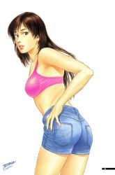 Rule 34 | 00s, 1girl, 2000, absurdres, artist name, ass, bra, breasts, brown eyes, brown hair, cowboy shot, denim, denim shorts, family compo, hand on own hip, highres, hip focus, houjou tsukasa, leaning forward, lingerie, long hair, looking at viewer, looking back, medium breasts, official art, page number, parted lips, pink bra, short shorts, shorts, simple background, solo, standing, underwear, wakanae shion, white background