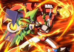 Rule 34 | 1boy, absurdres, android, arm cannon, bead necklace, beads, clenched hand, commentary, dated, dragon, dragon horns, english commentary, fighting stance, fire, fire, green eyes, highres, horns, innovator123, jewelry, legs apart, magma dragoon (mega man), male focus, mecha, mega man (series), mega man x (series), mega man x dive, necklace, open mouth, red eyes, robot, shadow, sharp teeth, signature, teeth, weapon