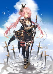Rule 34 | 1girl, black dress, black thighhighs, blue sky, blush, boots, closed mouth, cloud, cloudy sky, day, dress, full body, grey footwear, hair between eyes, hair ornament, lloule, long hair, long sleeves, low twintails, original, outdoors, pink hair, planted, planted sword, planted weapon, purple eyes, rabbit hair ornament, sky, smile, solo, standing, sword, thighhighs, twintails, vambraces, very long hair, water, weapon