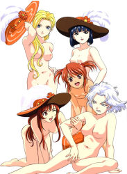 Rule 34 | 00s, 5girls, barefoot, blonde hair, blue hair, breasts, brown hair, coquelicot (sakura taisen), erica fontaine, flat chest, glycine bleumer, hat, kitaooji hanabi, lobelia carlini, long hair, multiple girls, nipples, nude, nude filter, one eye closed, open mouth, pussy, sakura taisen, sakura taisen iii, short hair, short twintails, sitting, smile, standing, third-party edit, twintails, uncensored, white hair, wink