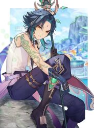 Rule 34 | 1boy, arm tattoo, bead necklace, beads, black hair, blue hair, blurry, blurry background, closed mouth, day, facial mark, forehead mark, genshin impact, gloves, highres, holding, holding polearm, holding weapon, jewelry, looking at viewer, male focus, multicolored hair, necklace, outdoors, polearm, primordial jade winged-spear (genshin impact), sitting, solo, spear, tassel, tattoo, tsunakawa, twitter username, weapon, xiao (genshin impact), yellow eyes