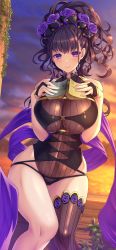 Rule 34 | 1girl, armlet, bare shoulders, beach, black gloves, black one-piece swimsuit, blush, book, breasts, closed mouth, covered navel, emanon123, fate/grand order, fate (series), fingerless gloves, flower, gloves, gold trim, gradient sky, hair flower, hair ornament, hair up, half gloves, highleg, highleg swimsuit, highres, holding, holding book, large breasts, long hair, looking at viewer, murasaki shikibu (fate), murasaki shikibu (swimsuit rider) (fate), murasaki shikibu (swimsuit rider) (first ascension) (fate), one-piece swimsuit, orange sky, purple eyes, purple hair, purple sky, shawl, single thighhigh, sky, smile, swimsuit, thighhighs, thighs, twilight