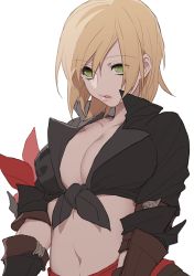Rule 34 | 1girl, black shirt, blonde hair, breasts, cleavage, collarbone, eyes visible through hair, final fantasy, final fantasy xiv, fuka (kirrier), green eyes, hair between eyes, highres, hyur, large breasts, medium breasts, navel, open clothes, parted lips, shirt, short hair, simple background, sleeves past elbows, solo, tied shirt, warrior of light (ff14), white background