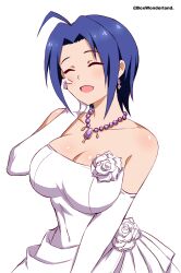 Rule 34 | 1girl, absurdres, ahoge, ara ara, bare shoulders, blue hair, blush, box wonderland, breasts, cleavage, closed eyes, collarbone, commentary, dress, earrings, elbow gloves, flower, gloves, hand on own cheek, hand on own face, hands up, highres, idolmaster, idolmaster (classic), jewelry, large breasts, miura azusa, necklace, open mouth, pearl necklace, rose, short hair, sidelocks, smile, solo, strapless, strapless dress, twitter username, upper body, wedding dress, white background, white dress, white flower, white gloves, white rose