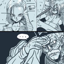Rule 34 | ..., 1boy, 2girls, android, android 18, android 21, dr. gero (dragon ball), dragon ball, dragon ball fighterz, dragonball z, greyscale, hat, meme, monochrome, multiple girls, old, old man, photo (medium), smile, sweat, thought bubble