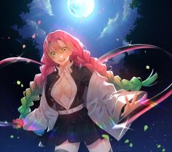 Rule 34 | 1girl, :d, aiue o eiua, bad id, bad pixiv id, belt, black jacket, black shirt, black skirt, black thighhighs, braid, collared shirt, cowboy shot, dress shirt, full moon, gradient hair, green eyes, green hair, haori, holding, holding sword, holding weapon, jacket, japanese clothes, kanroji mitsuri, kimetsu no yaiba, long hair, long sleeves, looking at viewer, military jacket, miniskirt, mole, mole under eye, moon, multicolored hair, night, open clothes, open jacket, open mouth, open shirt, outdoors, outstretched hand, petals, pink hair, pleated skirt, shirt, signature, skirt, smile, solo, sparkle, standing, sword, thighhighs, twin braids, twitter username, unbuttoned, unbuttoned shirt, v-shaped eyebrows, very long hair, weapon, white belt, wing collar, zettai ryouiki