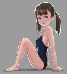 Rule 34 | 1girl, arm support, barefoot, black hair, blue eyes, blue one-piece swimsuit, flat chest, full body, gengorou, grey background, medium hair, one-piece swimsuit, original, school swimsuit, simple background, sitting, solo, swimsuit, twintails