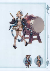 Rule 34 | 1girl, absurdres, blonde hair, breasts, brown eyes, chibi, cleavage, collarbone, djeeta (granblue fantasy), drum, full body, gran (granblue fantasy), granblue fantasy, hachimaki, headband, highres, holding, instrument, japanese clothes, looking at viewer, medium breasts, minaba hideo, navel, nejiri hachimaki, official art, open mouth, page number, pelvic curtain, sandals, sarashi, short hair, simple background, smile, standing, taiko drum, thigh strap