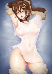 Rule 34 | 1girl, ahoge, animal ear fluff, animal ears, animal hands, arms behind head, arms up, barb-tan, barbariank, bear ears, bear girl, bed sheet, belt collar, blonde hair, blush, bottomless, breasts, brown hair, collar, commentary, covered erect nipples, cowboy shot, english commentary, fangs, from above, grey eyes, hair between eyes, half-closed eyes, heart, heart-shaped pupils, highres, large breasts, looking at viewer, lying, multicolored hair, on back, open mouth, original, red collar, shirt, short hair, solo, sweat, symbol-shaped pupils, t-shirt, taut clothes, taut shirt, teeth, tongue, two-tone hair, upper teeth only, white shirt