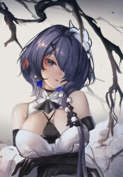 Rule 34 | 1girl, absurdres, arknights, bare shoulders, beancake, black choker, black gloves, branch, breasts, choker, cleavage, closed mouth, dress, elbow gloves, gloves, hair ornament, hair over shoulder, head tilt, highres, large breasts, long hair, looking at viewer, purple eyes, purple hair, sleeveless, sleeveless dress, solo, upper body, very long hair, whisperain (arknights), white dress, x hair ornament
