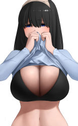 Rule 34 | 1girl, black bra, black hair, blue eyes, blue shirt, bra, breasts, brown hairband, cleavage, clothes lift, commentary request, grey background, hairband, hand up, highres, idolmaster, idolmaster cinderella girls, large breasts, lifting own clothes, long hair, long sleeves, looking at viewer, navel, sagisawa fumika, senju (snz0), shirt, shirt lift, simple background, solo, stomach, straight hair, underwear