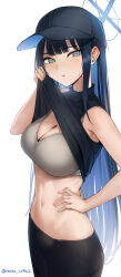 Rule 34 | 1girl, absurdres, baseball cap, black hair, black hat, black pants, black shirt, blue archive, blue eyes, blue hair, bra, breasts, cleavage, clothes lift, colored inner hair, commentary request, cropped legs, grey bra, halo, hand on own hip, hat, highres, large breasts, long hair, looking at viewer, midriff, mitsukichi, multicolored hair, navel, pants, saori (blue archive), shirt, shirt lift, simple background, sleeveless, sleeveless shirt, solo, stomach, sweat, twitter username, underwear, white background, yoga pants