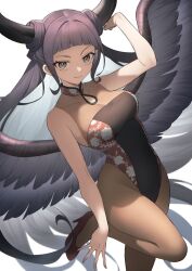 Rule 34 | 1girl, breasts, commentary, demon horns, feathered wings, granblue fantasy, high heels, highres, horns, leotard, long hair, looking at viewer, magus (granblue fantasy), short bangs, solo, umeda shiso, wings