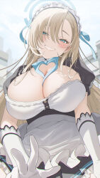 Rule 34 | 1girl, apron, asuna (blue archive), blonde hair, blue archive, blush, breasts, cleavage, cleavage cutout, clothing cutout, elbow gloves, gloves, hair ribbon, halo, highres, large breasts, looking at viewer, maid, maid headdress, mole, mole on breast, outdoors, puffy short sleeves, puffy sleeves, ribbon, short sleeves, smile, solo, tsukana (saba mizore), w, white apron, white gloves