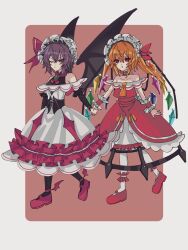 Rule 34 | 2girls, :t, adapted costume, ankle cuffs, ankle wings, bat wings, black corset, blonde hair, bow, breasts, choker, collarbone, corset, crinoline, crystal wings, dress, flandre scarlet, frilled cuffs, frilled dress, frilled hairband, frills, full body, green brooch, hairband, hat, hat bow, highres, holding hands, hua88331, layered dress, mary janes, medium hair, multicolored wings, multiple girls, one eye closed, one side up, outside border, pout, purple hair, red background, red bow, red choker, red dress, red eyes, remilia scarlet, shoes, short hair, small breasts, strapless, strapless dress, touhou, touhou gensou eclipse, white dress, white hairband, wings, wrist cuffs