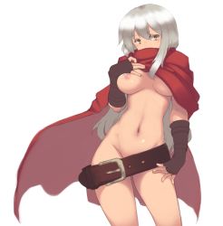 Rule 34 | 1girl, bad id, bad nijie id, belt, blush, breast hold, breast slip, breasts, brown gloves, cape, cecily (sennen sensou aigis), contrapposto, covering own mouth, cowboy shot, fingerless gloves, gloves, large breasts, long hair, nakadori (movgnsk), naked cape, navel, nipples, one breast out, open clothes, puffy nipples, sennen sensou aigis, silver hair, solo, standing, very long hair, white background, yellow eyes