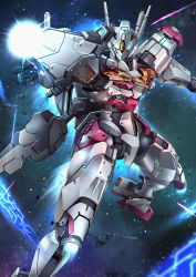 Rule 34 | ayato mabu, beam rifle, commentary, energy gun, exhaust, firing, green eyes, gun, gundam, gundam lfrith, gundam suisei no majo, highres, holding, holding gun, holding weapon, horns, light particles, looking at viewer, mecha, mobile suit, no humans, robot, science fiction, solo, space, thrusters, weapon