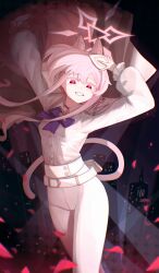 Rule 34 | 1girl, absurdres, akira (blue archive), animal ears, belt, blue archive, blue bow, bonefire0909, bow, cat ears, cat tail, colored eyelashes, extra ears, grin, halo, highres, long hair, long sleeves, pants, pink hair, pink halo, red eyes, shirt, smile, solo, tail, white belt, white pants, white shirt