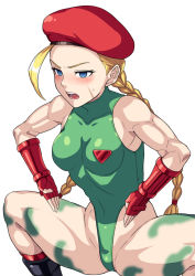 Rule 34 | 1girl, badge, beret, biceps, blonde hair, blue eyes, blush, bodypaint, braid, braided ponytail, breasts, cammy white, collarbone, cowboy shot, empty eyes, facial scar, feet out of frame, fingerless gloves, gloves, green leotard, hai (h81908190), haigure pose, hat, heattech leotard, highleg, highleg leotard, hypnosis, leotard, long hair, medium breasts, mind control, muscular, navel, open mouth, red gloves, red hat, scar, scar on cheek, scar on face, simple background, solo, spread legs, squatting, street fighter, street fighter ii (series), sweatdrop, teeth, thighhighs, turtleneck, twintails, white background