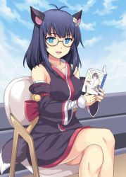 Rule 34 | 1girl, :d, animal ears, bare shoulders, black kimono, blue eyes, blue hair, blue sky, blush, book, chair, character request, cloud, cloudy sky, commentary request, crossed legs, day, detached sleeves, glasses, holding, holding book, indie virtual youtuber, japanese clothes, kimono, long hair, long sleeves, looking at viewer, on chair, open book, open mouth, outdoors, rasahan, round eyewear, semi-rimless eyewear, sitting, sky, sleeveless, sleeveless kimono, smile, solo, tail, under-rim eyewear, virtual youtuber, wide sleeves