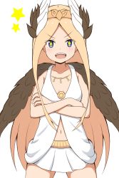 Rule 34 | + +, 1girl, :d, abigail williams (fate), absurdres, bare arms, bare shoulders, blue eyes, blush, breasts, brown wings, circe (fate), circe (fate) (cosplay), circlet, collarbone, commentary request, cosplay, cowboy shot, crossed arms, dress, fate/grand order, fate (series), feathered wings, hair wings, head wings, highres, long hair, looking at viewer, mitchi, navel, open mouth, parted bangs, pleated skirt, simple background, skirt, sleeveless, sleeveless dress, small breasts, smile, solo, star (symbol), teeth, upper teeth only, v-shaped eyebrows, very long hair, white background, white dress, white skirt, white wings, wings